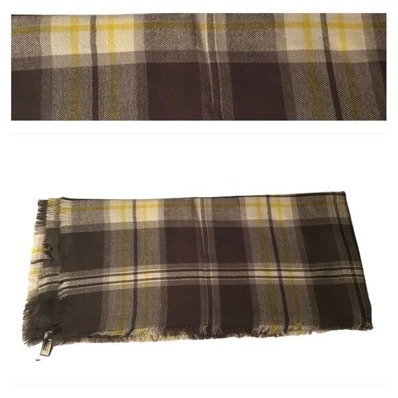 Express Womens Plaid Print Scarf Wrap Wrap Academia Grey Yellow Cabincore Fringe - Picture 1 of 7